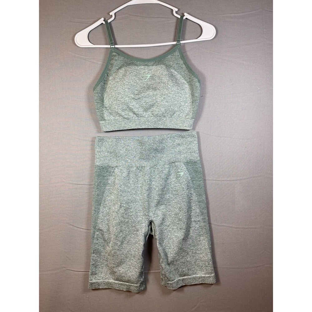 Gymshark Seamless 2pc Sports Bra & Biker Shorts Set Heathered Green/Gray M